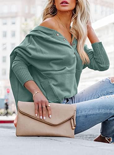 Обичен женски обичен патент за џемпер со долги ракави за џебови, лабава четвртина од патент -пуловер врвови со џебови