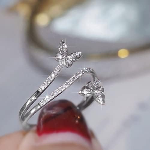2023 Нов двоен прстен од пеперутка сребрена циркон дијамантски свадбен ангажман прстен подарок накит за жени пеперутка форма на прстен со големина на прстен 6 10 густ