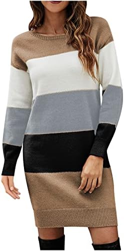 Hgnay женски долг ракав во боја блок џемпер фустан 2022 модна обична лабава еластичност зимски плетен пулвер фустани