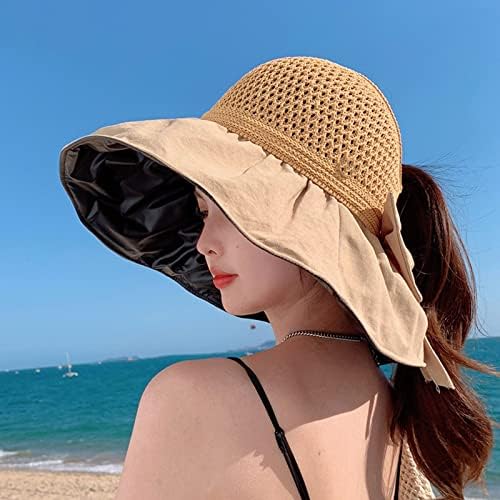 Летни капаци на сонце за жени жени лето сонце широко облик на плажа, шуплива плетена конска опашка бејзбол капачиња