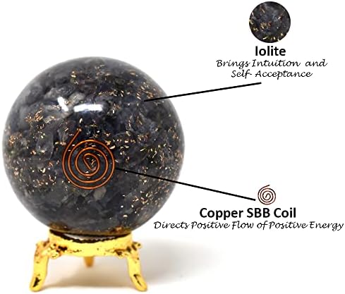 Аашита креации Иолит Оргонска сфера топка со држач - природна врежана 50-60 мм