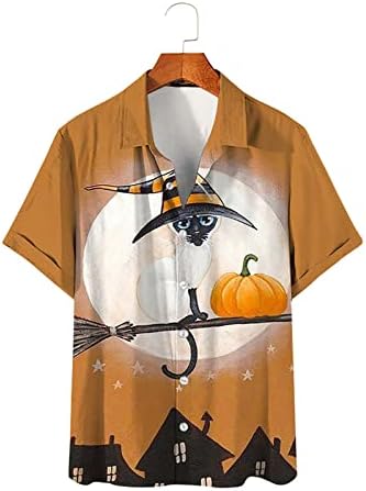 Мажи смешно графичко печатено копче надолу кошули со бои од тиква и мачка случајна блуза за блуза со кратки ракави за кратки ракави на врвот на