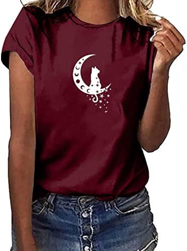 Женски 2023 летни маици со краток ракав, обичен тркалезен врат пулвер Месечина и мачка печатена маичка за блузи маици врвови