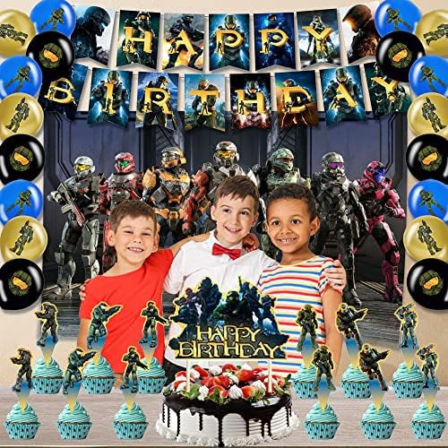 Игра Тема Роденден Материјали-45 ПАРЧИЊА Роденденска Забава Корист Со Среќен Роденден Банер, Торта Топпер, Кекси Топпери, Балони,
