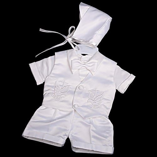 Фустани Дејзи бебешки момчиња крштевање облека за крштевање облека бел сатен костум 4 парчиња сет со хаубен краток ракав