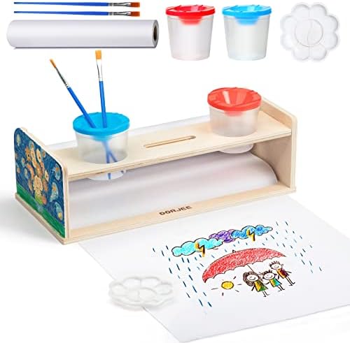 Дорје деца дрвени држачи за хартија за цртање, вклучувајќи 12 x15ft хартиена ролна, 2 четки, 2 чаши и 1 палета во боја, чиста хартија