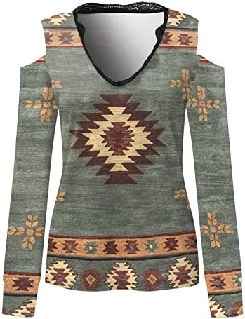 Women'sенски гроздобер западен Ацтек отпечатете го врвовите на рамото на рамото, чипката за долги ракави со долги ракави, тенок вклопувачки блузи