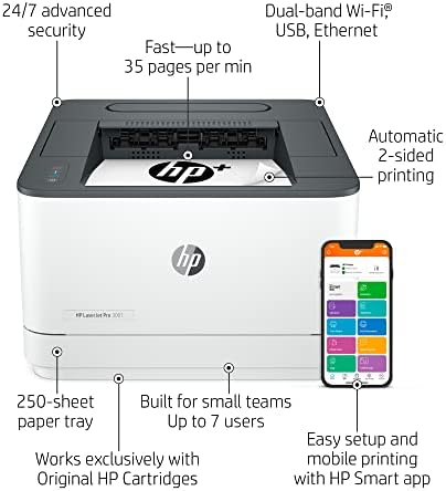 HP Laserjet Pro 3001DWE Безжичен црно -бел печатач со карактеристики на HP+ Smart Office