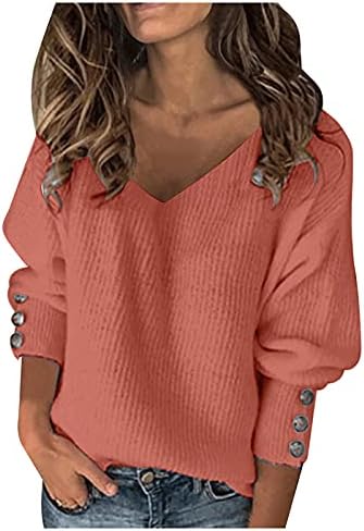 Muduh женски џемпери пуловер цврст V врат лабав случајно копче за ракав, зимски долг ракав топол џемпер