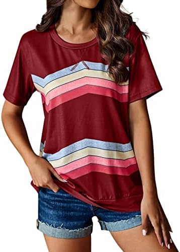 Дами маички со кошули Виножито ленти со кратки ракави врвови летни обични лабави блок во боја што одговараат на пулвер, мачки за