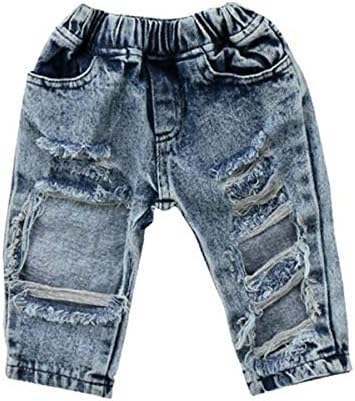 Lxxiashi новороденче момче Девојче Деним панталони Еластични високи половини искинати фармерки со скршени дупки со панталони за влечење