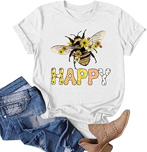 Дами пчела фестивал летни врвови кратки ракави смешни пчели писма печатени маици обични лабави пулвер маички