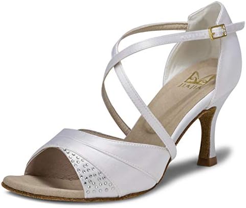 Jiajia 20522 женски сатенски сандали на сатенски разгорени пета латински салса перформанси танцувачки чевли