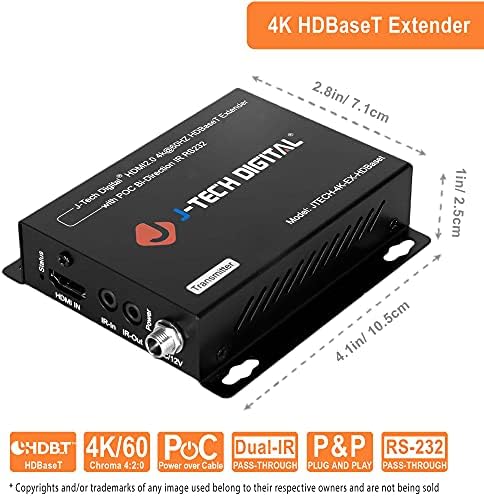 J-Tech Digital 4K Ultra HD Hdbaset HDMI Extender над CAT5E/6 Ethernet до 230ft 130ft, поддржува HDCP 2.2/1.4, RS232, двонасочен IR и POC