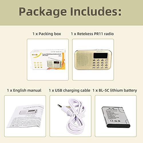 Retekess PR11 AM FM Radio Portable, Radios на полнење на транзистор мали, со слушалки за слушалки MP3 Music Player Поддршка за микро