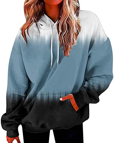 Tickoyенски женски блок во боја на џемпершир со долги ракави, обична лабава худи со џебови, пулвер со качулка со качулка од џебови