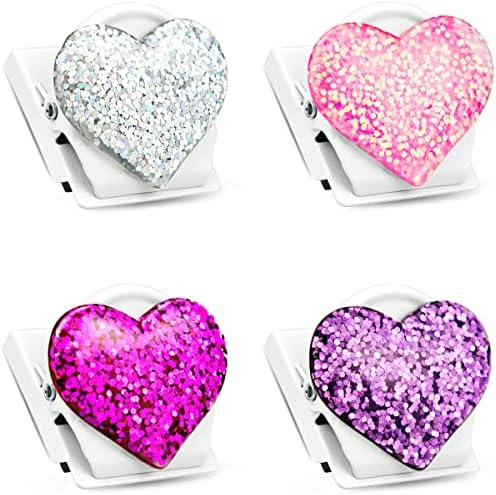 Qingco 4 пакувања bling bling loveубов срце магнетни клипови тешка должност, 1,4x1.2in клипови за магнет за ладилница, клип за магнетни пари, метални магнетни клипови за висина на