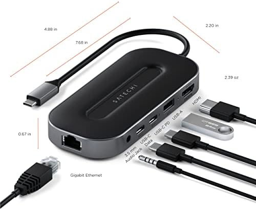 SATECHI USB4 6-во-1 Multiport Адаптер-USB-C Pd Полнење, 8k HDMI, USB-a &засилувач; USB-C Порта За Податоци, 3,5 mm Аудио Приклучок, Ethernet