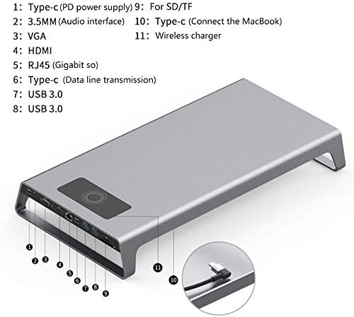 10 во 1 прилагодлив монитор за монитор со безжично полнење и USB 3.0 центри поддршка за пренесување на податоци за пренесување