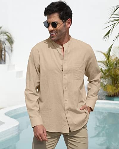 Giangen Mens Badeed Coock Linen Cotton Cotton Summer Beach копче надолу со долги ракави кошули Обични јога врвови со џеб XS-3XL