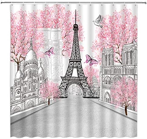 Хик Ајфеловата Кула Туш Завеса Париз Розова Цветни Пеперутка Денот На Вљубените Романтична Европска Франција Град Сценографијата Дома Декор