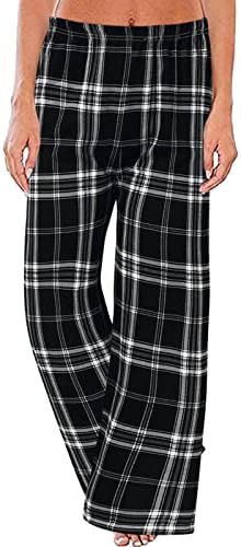 Карирани панталони за пижами за жени обични еластични еластични високи половини лабави лежерни директни широки нозе, влечете ја салон ПЈ