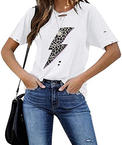 Infitty женски основни графички маички случајни летни кратки ракави кошула блуза молња леопард печатење врвови туника
