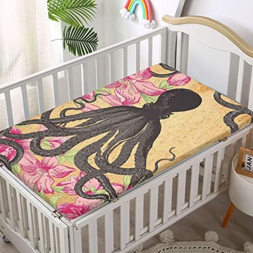 Октопод тематски опремени мини чаршафи за креветчиња, преносни мини члена со креветчиња меки и дишени постелнини - бебиња за момчиња за момчиња,