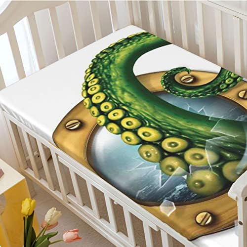Октопод тематски опремени мини чаршафи, преносни листови за мини -креветчиња за меки мали деца, поставен лист за душеци - кревет за