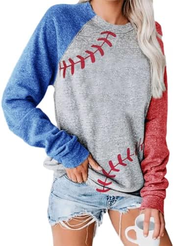 Бејзбол мајки кошули за жени Раглан со долг ракав пулвер врвови на џемпери, лежерна блуза со вратот на вратот