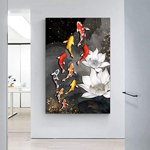 Девет Koi риба бела лотос слики платно за сликање постери и отпечатоци wallидни уметнички слики за дневна соба дома декорација