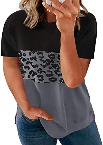 Јуниори брод врат на вратот на врвовите на маицата со кратки ракави во боја на кратки ракави блок од леопард печатење бистиер му