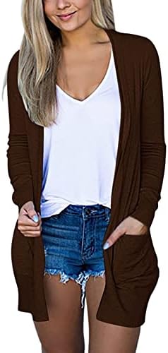Кардиган за жени со долг ракав лабав вклопување S-5XL со џебови пролетна лесна надворешна облека цврста трендовски обичен кардиган