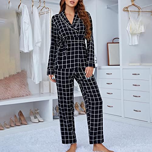 Памук пижами постави женски долг ракав за спиење кимоно облека и карирани панталони костум за ноќна облека меки PJ дневни сетови