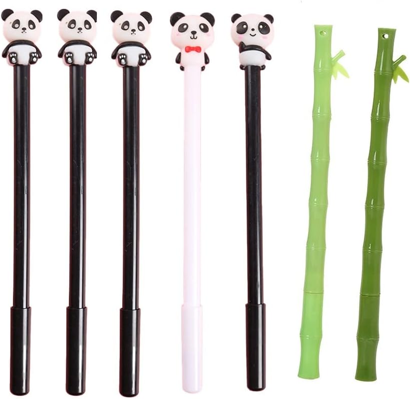 7 парчиња гел пенкала 0,5 мм симпатична црна мастило пенкала за порибување Божиќни подароци, 5 панда и 2 бамбус