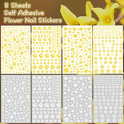 Налепници за уметност со цвеќиња со цвеќиња од високици, декорации за лепило за нокти, пролетно бело злато маргаритка за нокти дизајн цвеќиња на нокти налепници цв?
