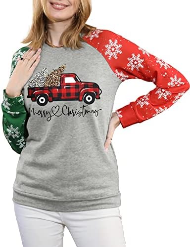VVNTY Божиќни џемпери за жени Божиќ кошула леопард графички блок во боја Божиќна снегулка печати долг ракав врв