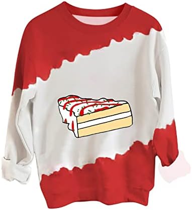 Торта печати џемпери за жени на врвови трендовски екипаж со долги ракави, пулвер, боја во боја на кошула, преголема излегување на