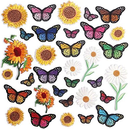 Везени цвеќиња железо на закрпи за облека, 33 парчиња се шијат на сончогледна пеперутка аплицирање за облека за фустани растителни капаци