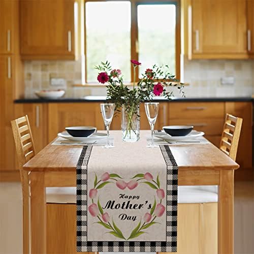 Вохадо Среќен ден на мајката, тркач на маса, розов цвет цвет цвет лале кујнски трпезариска маса, декорација на табела за табели, обвивка за покривање на десно за сва?