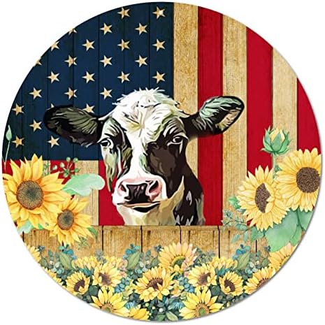 Рустично дрво жито изморено знаме во САД Смешно фарма крава сончогледи околу металниот калај знак плакета гроздобер метална уметност отпечатоци