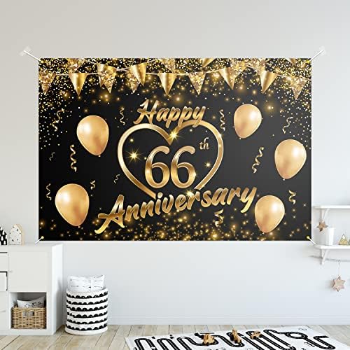 Среќна 66-годишнина Позадина Банер Декор Црно Злато - Сјајот Љубов Срце Среќен 66 Години Свадба Годишнината Тема Декорации За Жени