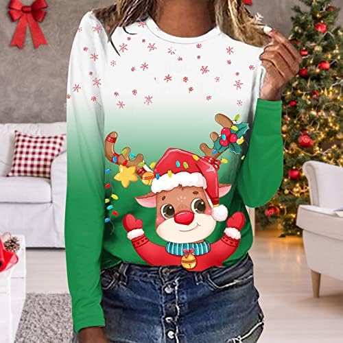 Женски Божиќни кошули мода 2023 година Нова Година екипаж со долги ракави џемпери Снегулка симпатична елк печатена џемпер блуза