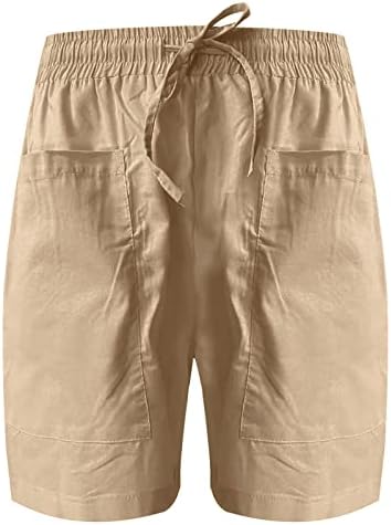 Женски лабави широки шорцеви за нозе летни обични памучни постелнина шорцеви за влечење еластични џеб со високи половини, директно кратки панталони