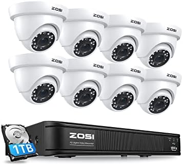 Zosi 1080p H.265+ Систем за безбедносна камера за домови, 5MP Lite 8 канал DVR со хард диск 1TB и 8 x 1080p водоотпорна CCTV купола камера