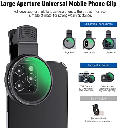 Neewer CPL филтер за телефон, 52мм леќи за леќи Поларизирачки филтер со надграден клип за леќи компатибилен со iPhone 14 Pro Max 13 Pro Max 13 Mini 12 11 X XS Max Samsung Galaxy