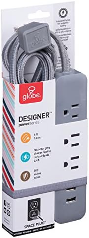 Globe Electric 78252 Designer Series 6ft 3-Outlet USB Surge Protector Power Strip, 2x USB порти, заштитник на пренапони, сива завршница