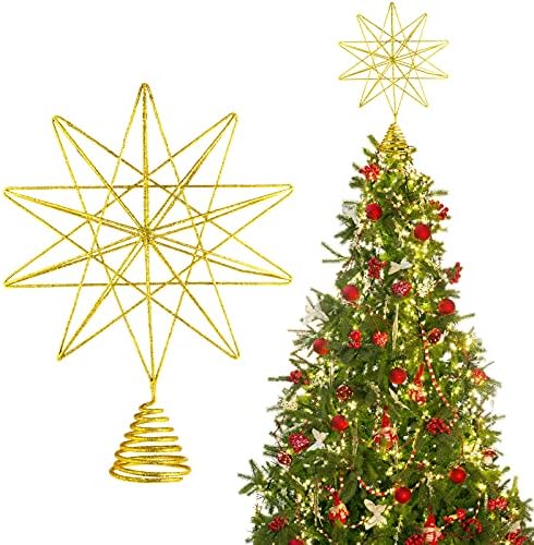 Гејој Сјај Златна Ѕвезда Топер За Новогодишна Елка Божиќна Светкава Метална Жица Врвен Украс На Дрвото ОД 3д Ѕвезда Топер За Украсување