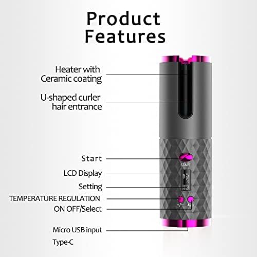 Неограничен безжичен автоматски ротирачки керамички виткар за коса USB, автоматско виткање со виткање Ironелезоно, LED дисплеј, температурен