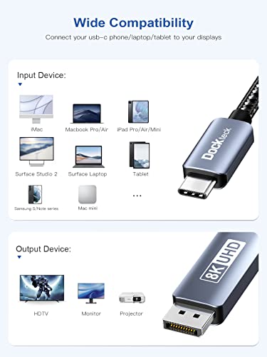 USB C до приказ на кабелот 6ft/2m, 8k тип C до DP 1.4 кабел, Thunderbolt 3 за прикажување на кабелот за прикажување 32.4gbps UHD